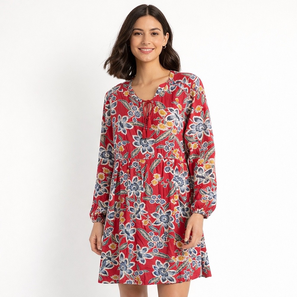 Old‎ Navy Women's Red Floral Print Tunic Dress Tie Neck Long Sleeve Size XL
